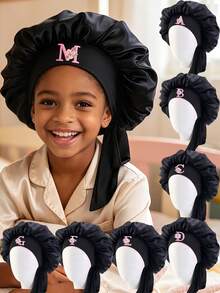 1pc Children's Black Satin Sleep Cap With Tie, Pink Flower & Letter Customization, Toddler Nighttime Hair Protection Cap, Adjustable Hair Cap For 9-12 Years Old - Multicolor - View 6