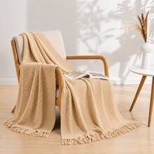Khaki-Colored Waffle Knit Blanket With Tassel Trim, Soft And Comfortable Decorative Blanket Suitable For Sofas, Chairs, And Beds, Lightweight Bohemian-Style Home Decor Blanket For Living Rooms And Bedrooms - JK Khaki - View 1