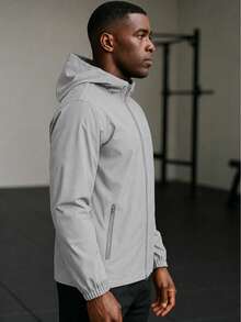 Men's Waterproof Windbreaker With Removable Hood Black Sports Jacket For Gym Or Running - 淺灰色 - 查看 4