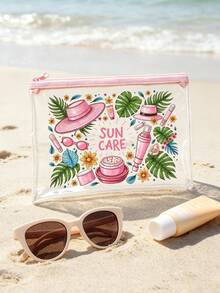 「Sun Protection」印花 PVC 化妝包，拉鍊式 PVC 旅行收納袋，輕量且耐褪色，TSA 合規易攜帶，易擦拭清潔，適合送給老師或朋友的禮物，也是學校假期旅行必備的防水盥洗包 - 彩色 - 查看 8