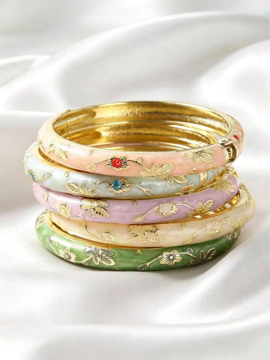 5對精緻奢華小花琺瑯手鍊,女士復古波希米亞風層疊手鍊,優雅珠寶禮物 - 琺瑯手鐲 - 查看 1