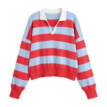 ZAHM Women's Loose Cropped Color Block Long-Sleeve Knit Top With Red, White And Blue Striped Polo Collar - Multicolor - View 8