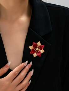 1pc Vintage Burgundy Enamel Flower Brooch, Double Layer 3D Petal Pin For Women, Suit Coat Dress High-End Luxury Accessory - Burgundy - View 1