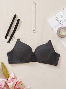1件女款舒適睡眠鋼圈內衣 軟罩杯 純色棉質胸罩 - 黑色 - 查看 10