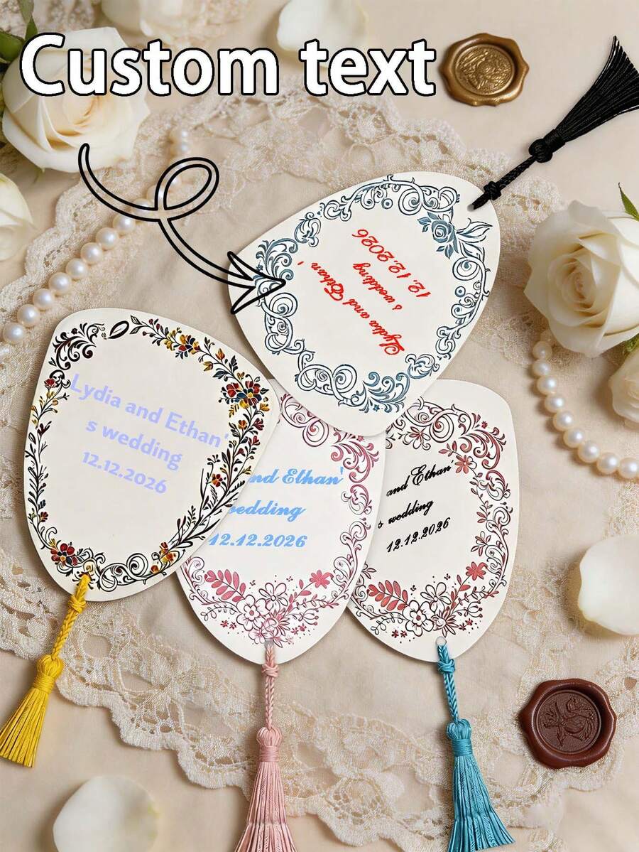 Segnalibri personalizzati con bordo floreale per matrimonio con nappine, nomi personalizzati dello sposo e della sposa e data, etichette per bomboniere di matrimonio, accessori vintage per inviti di matrimonio floreali - Multicolore - Visualizzare 1