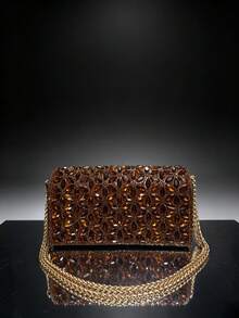 Amorya Túi cầm tay hình vuông đính đá toàn bộ, túi đeo vai nữ, túi clutch phong bì cho váy cưới, túi xách, túi tiệc tinh xảo, ví lấp lánh - Cà phê - Xem 3
