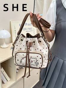 Korean Style Niche Design Backpack Large Capacity Cute Casual Versatile Student Bucket Bag - Coffee - View 1