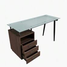 مكتب حديث 130*50*75 سم مع سطح زجاجي، إطار أنبوبي من الفولاذ، ثلاثة أدراج وحجرة تخزين مفتوحة، زجاج مقسى مصنفر، مقابض سوداء، بني - بني - مشاهدة 6