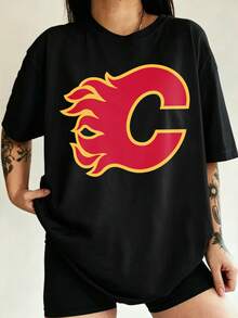 Calgary Flames Red Fire C Team Logo Graphic Oversized Unisex Black  Fan T-Shirt - Black - View 1