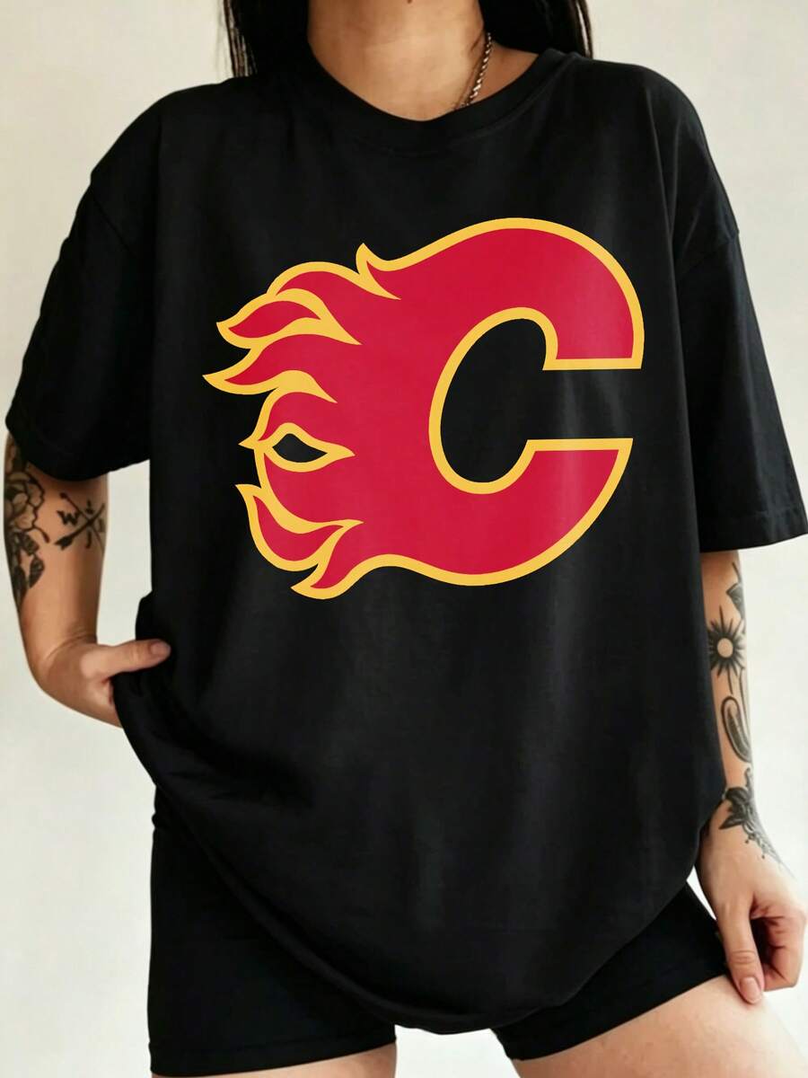Calgary Flames Red Fire C Team Logo Graphic Oversized Unisex Black Fan T-Shirt - Black - View 1