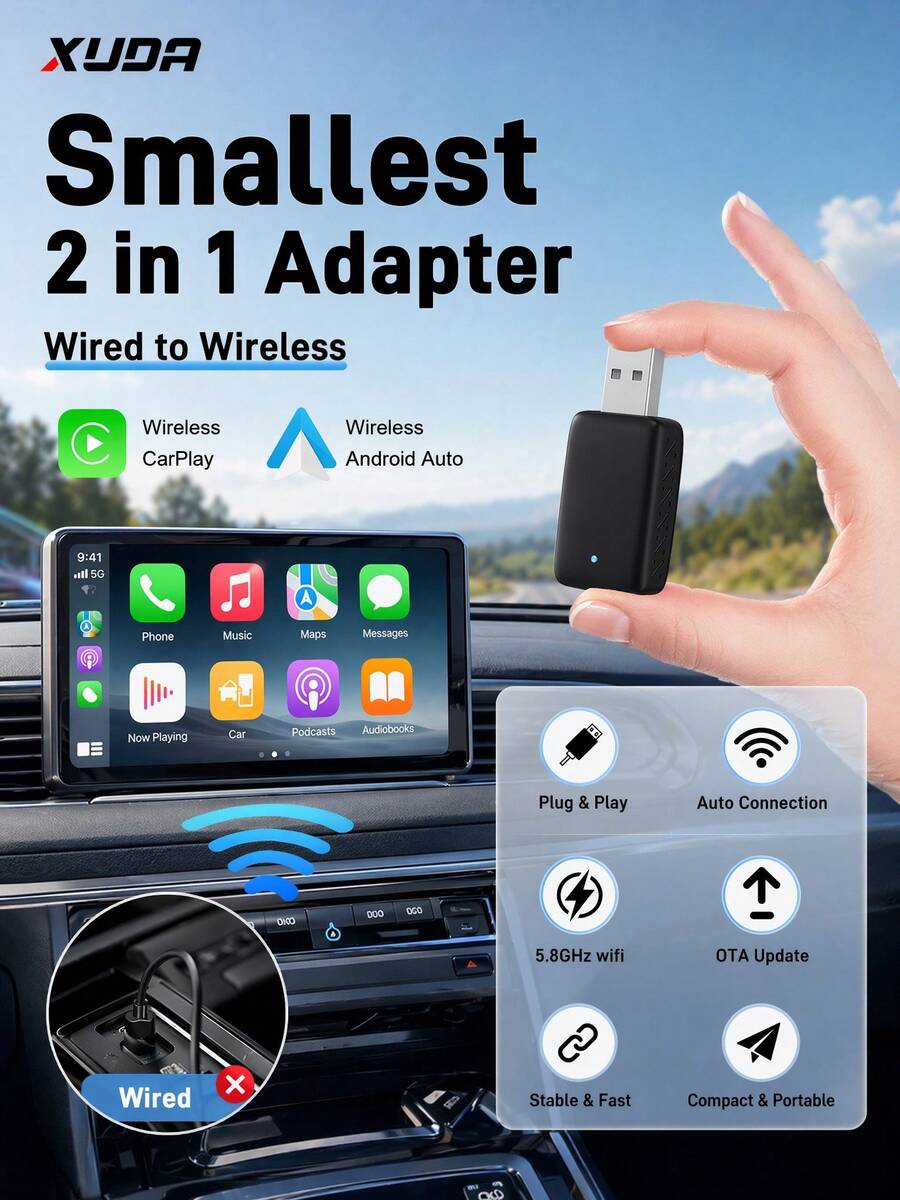 XUDA 2026 Nueva Caja Inteligente Compacta & Elegante, Adaptador Mini 2-En-1 Inalámbrico CarPlay & Android Auto, Nuevo Convertidor CarPlay, Conexión Automática Rápida, Sin Retraso, Accesorio para Coche, De Cable a Inalámbrico, Con Puertos USB/USB-C - C - View 1