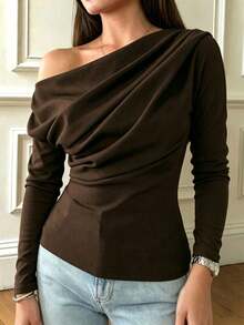 GLAMSKIN Women Fall Winter Asymmetric Off‑Shoulder Long Sleeve Top,Business Homecoming Going‑Out Wear Brown Casual - Brown - View 4