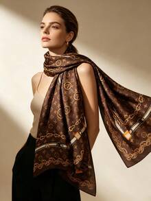 Moemton Coffee Brown Equestrian Chain Star Pattern Silk Scarf, Women's Luxury Satin Large Shawl, Suitable For Daily Street Style And Business Travel - Brown - View 2