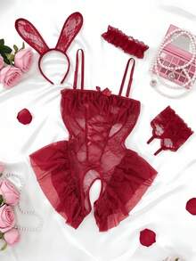 4‑Piece Red Lace Bunny Decor Outfit Set, Women Spaghetti Strap Ruffle Mesh Bodysuit With Ear Headband And Wrist Cuffs, Party & Home Loungewear - Burgundy - View 4