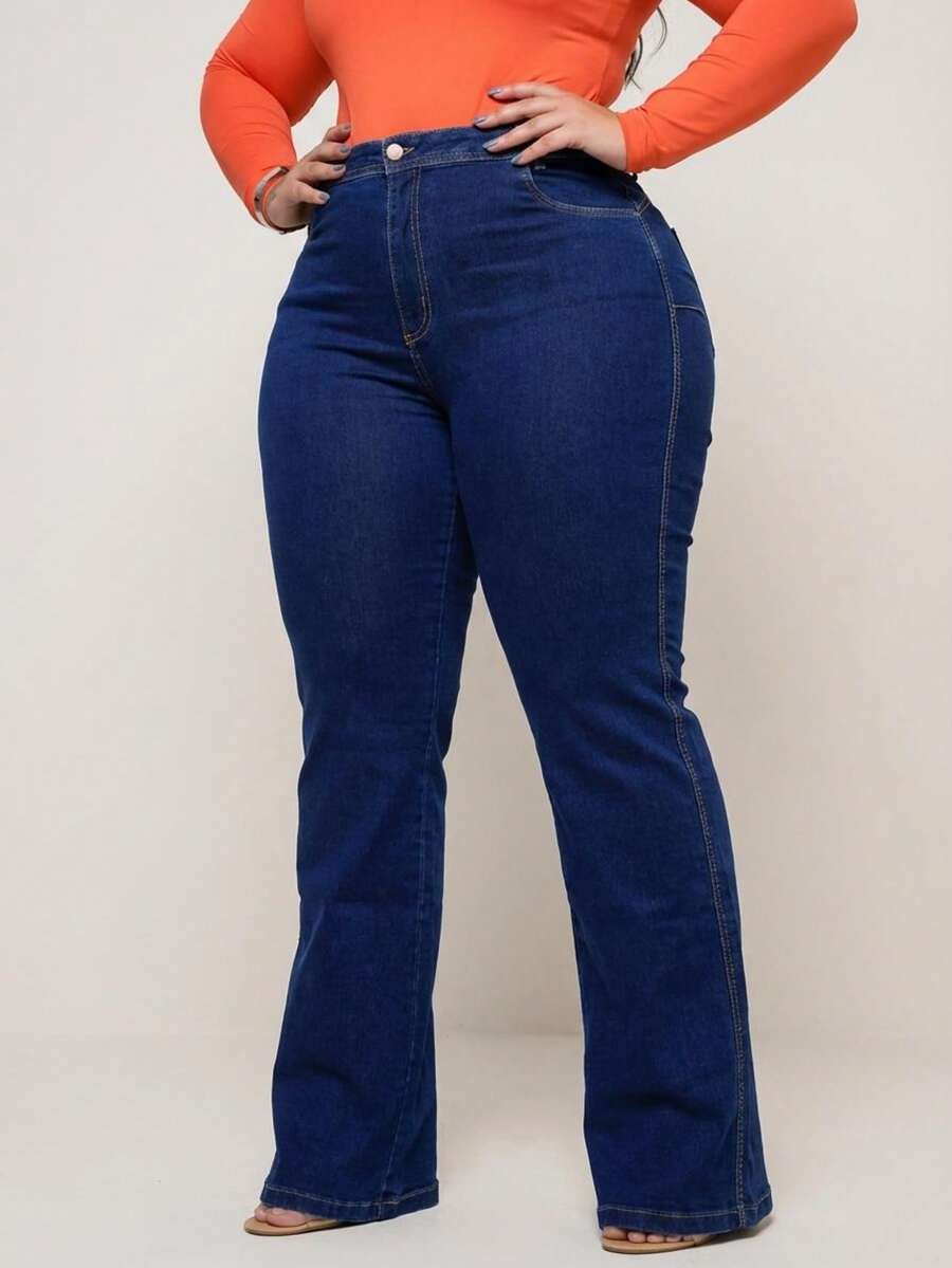 Women's Plus Size Dark Flare Jeans With High Waist, Premium Fabric With Elastane - 藍色 - 查看 1