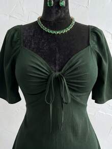 Plus Size Short Princess Dress, Loose Fit, With Gathered Neckline And Short Sleeves, Elegant, Sizes 46 To 56 - Green - View 6