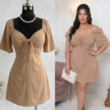 Plus Size Short Princess Dress, Loose Fit, With Gathered Neckline And Short Sleeves, Elegant, Sizes 46 To 56 - Beige - View 1