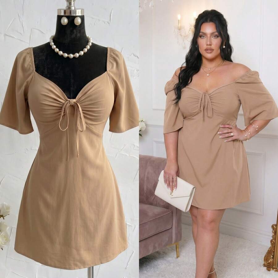 Plus Size Short Princess Dress, Loose Fit, With Gathered Neckline And Short Sleeves, Elegant, Sizes 46 To 56 - Beige - View 1