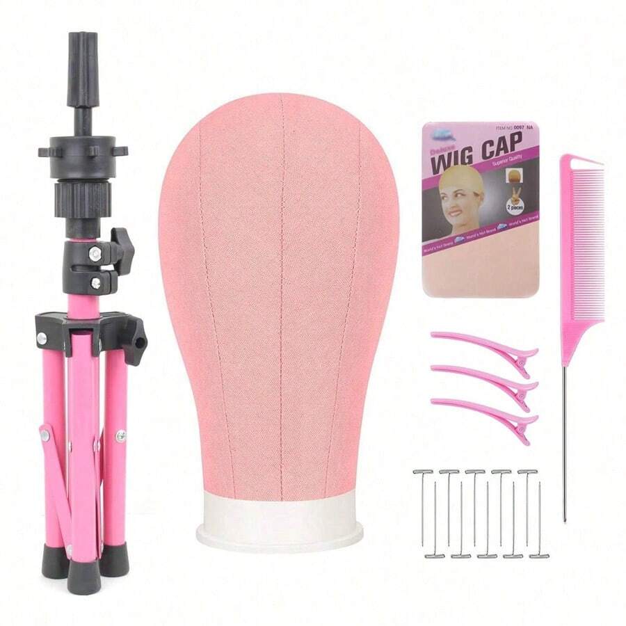 Pink Canvas Wig Mannequin Head Set, Includes Pink Adjustable Tripod Stand, Complete Wig Making Tool Kit With Wig Cap, Hair Clips, Rat Tail Comb And T-Pins, For Wig Styling And Display, Halloween