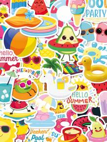 50Pcs Summer Pool Holiday Graphic Stickers, Featuring Tropical Fruits, Pool Toys & Beach Icons Decals, Decor To Custom Stationery, Gift Box & Summer Daily Accessories - Multicolor - View 3