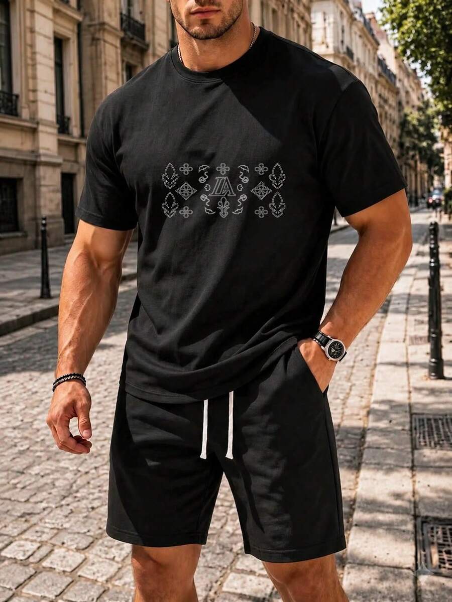 Men Geometric Print T-Shirt Cotton Casual Street Tee - 黑色 - 查看 1