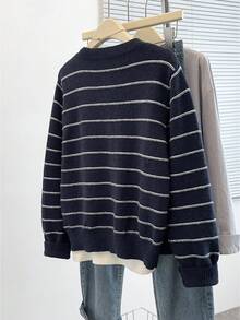 Cárdigan de manga larga estilo francés casual para mujer, ropa de mujer para otoño/invierno, a rayas azules y blancas, vuelta al colegio, uso diario, atuendo para brunch diurno - azul real - Ver 5