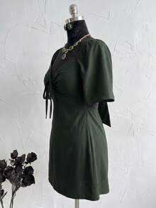 Plus Size Short Princess Dress, Loose Fit, With Gathered Neckline And Short Sleeves, Elegant, Sizes 46 To 56 - Green - View 4