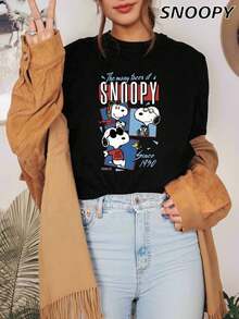 The Many Faces Of Snoopy Since 女款 Snoopy 卡通短袖可愛基礎針織 T-shirt - 黑色 - 查看 3
