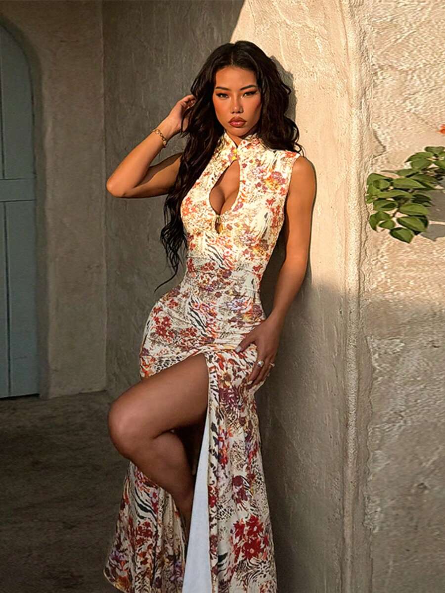 夏季碎花洋裝,女款優雅性感收腰開衩沙灘洋裝,適合沙灘、祭典、婚禮、度假、約會 - 黃色 - 查看 1
