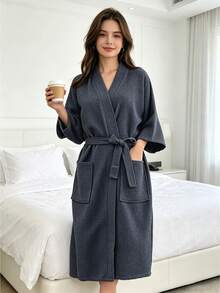 1件女款純棉浴袍，舒適華夫格針織和服風，柔軟吸水，居家休閒，適合SPA、酒店，情人節禮物 - 深灰色 - 查看 9