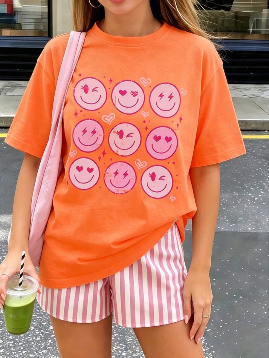 1件青少年女孩愛心笑臉印花套頭短袖T恤,學生兒童服飾,舒適時尚夏季女童上衣 - 橘色 - 查看 1