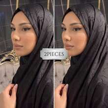 1pc Casual Heavy Rhinestone Geometric Asymmetrical Pattern Solid Color Satin Long Hijab Headscarf Suitable For Daily Wear - Black 2-piece Set - View 12