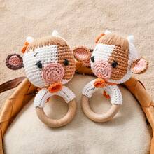 1PC Crochet Cow Wooden Teething Ring Rattle, Knit Farm Animal Baby Hand Sound Toy - Mocha Brown - View 11