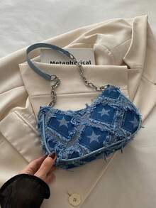 1pc Girls' Shoulder Bag With Decorative Buckle Detail, Stitching And Chain Strap, Street Fashion Bohemian Style - Blue - View 2