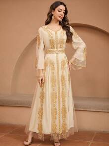 JINLICX Elegant Luxury Solid Color Polyester Beaded Evening Gown For Festivals, Weddings And Formal Events, Spring Summer Autumn - Apricot - View 5