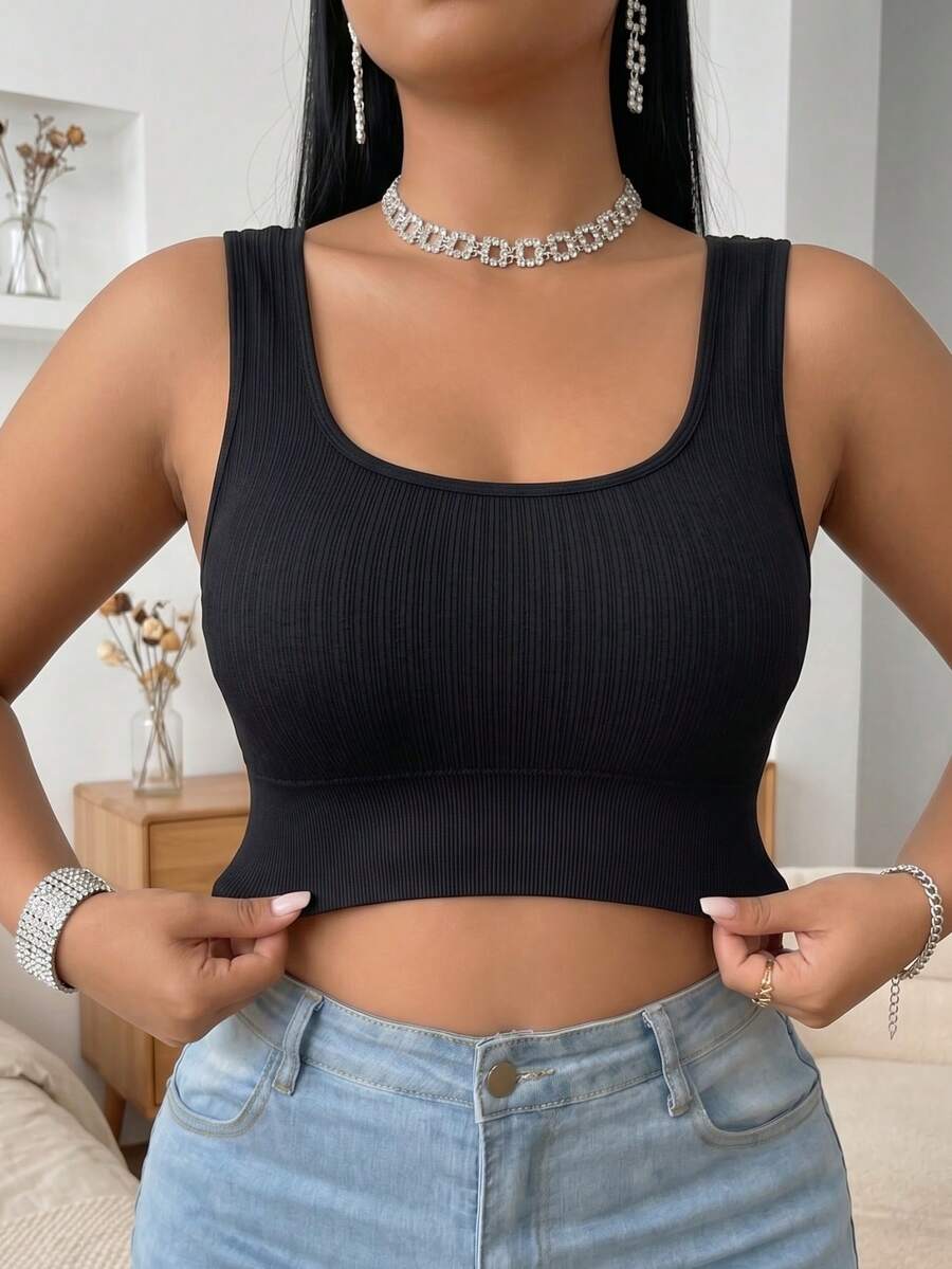 Plus Size Women Ribbed Knit Crop Tank Top Wide Strap Seamless Square Neck Camisole High Stretch Base Layer Vest - Black - View 1