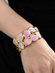 1pc Fashionable Three-Leaf Patchwork Design Geometric Enamel Open Cuff Bracelet For Women, Personalized Exquisite Daily Wear - Yellow Gold - View 7