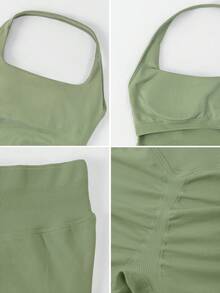 NcmRyu Women's One Set Solid Color Spaghetti Strap Removable Padded Fitted Camisole And Ruched Butt Shorts Sports Set - Moss Green - View 4