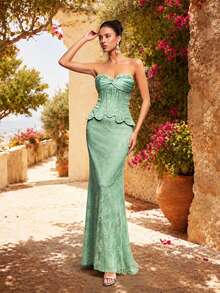 VIPGIRL Elegant Mint Green Strapless Long Formal Dress, Sleeveless Fitted Evening Dress Wedding - Mint Green - View 5