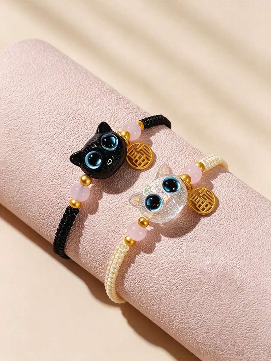 Halloween Funny Cat Handmade Woven Bracelet, Cute Black And White, Gift For Best Friend And Friend - Multicolor - View 1