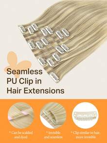 DOORES Extensiones de Cabello Humano Sin Costuras Invisibles con Clips 130g-150g 7 piezas/Paquete Degradado Gris Dorado Dorado y Rubio Platino Cabello Virgen Liso Remy PU Moldeable - T17/22/60 - Ver 7