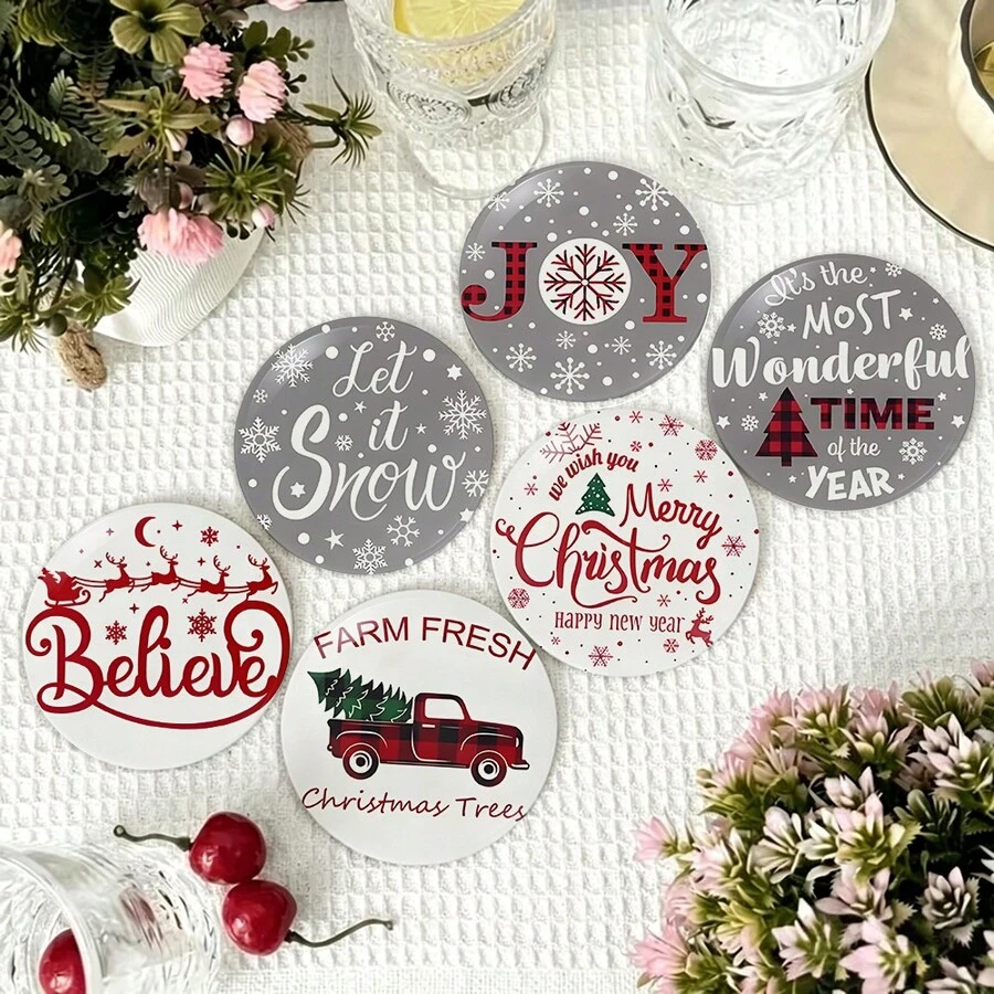 Merry Christmas PET Coasters, Christmas Pattern Design Heat-Insulating Coasters, Hand Washable, Affordable, Suitable For Event And Party Decoration, Table Centerpiece, Halloween, Christmas, Thanksgiving Holiday Decor