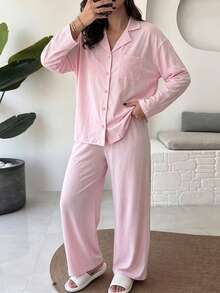 Women's Autumn/Winter Comfortable 2 Pieces Set, Long Sleeve Collared Single-Breasted Top And Straight Leg Pants, Solid Color Loose Casual Suit Pink Spring Elegant - Pink - View 2