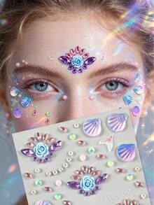 1pc Ocean Shell Style Face Rhinestone Sticker, Flower Shell Pearl Gemstone Sticker, Self-Adhesive Face Decoration Rhinestone, Suitable For Halloween, Music Festival And Various Party Makeup - Multicolor - View 13