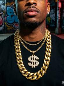 9pcs/Set Hip Hop Punk Gold Necklace Exaggerated Big Gold Chain Wealth Fortune Gold Ring Set, Retro Punk Style, Suitable For Party, Gathering, Halloween, COS - 9 Gold Pieces - View 2