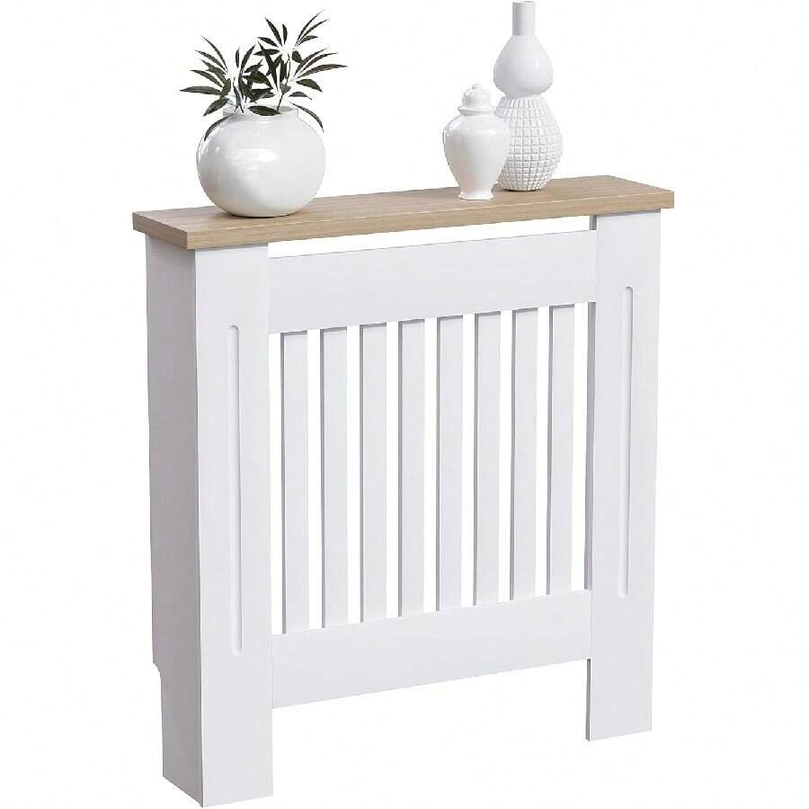 White Modern Shaker Radiator Cover Medium H83.3xW111xD19cm Vertical Slat Design Painted MDF Wood Top Shelf Optimal Heat Circulation - White - View 1