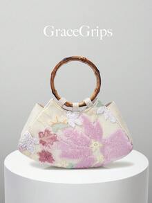 European & American Women's Elegant Shiny Multicolor Leaf & Floral Patchwork Handbag, Fashionable Vintage Classical Style Wooden Ring Design Evening Bag, Mini Square Handbag, Suitable For Party Girls, Brides, College Students, New Professionals & White-Collar Women, Perfect For Parties, Balls, Weddings, Matches Ball Accessories, Random Pattern - Pink - View 8