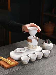 10/6/5/1件組旅行茶具套裝 便攜袋裝戶外功夫茶具全套 快客杯一壺三杯 禮品復古風 - 均碼 - 查看 6