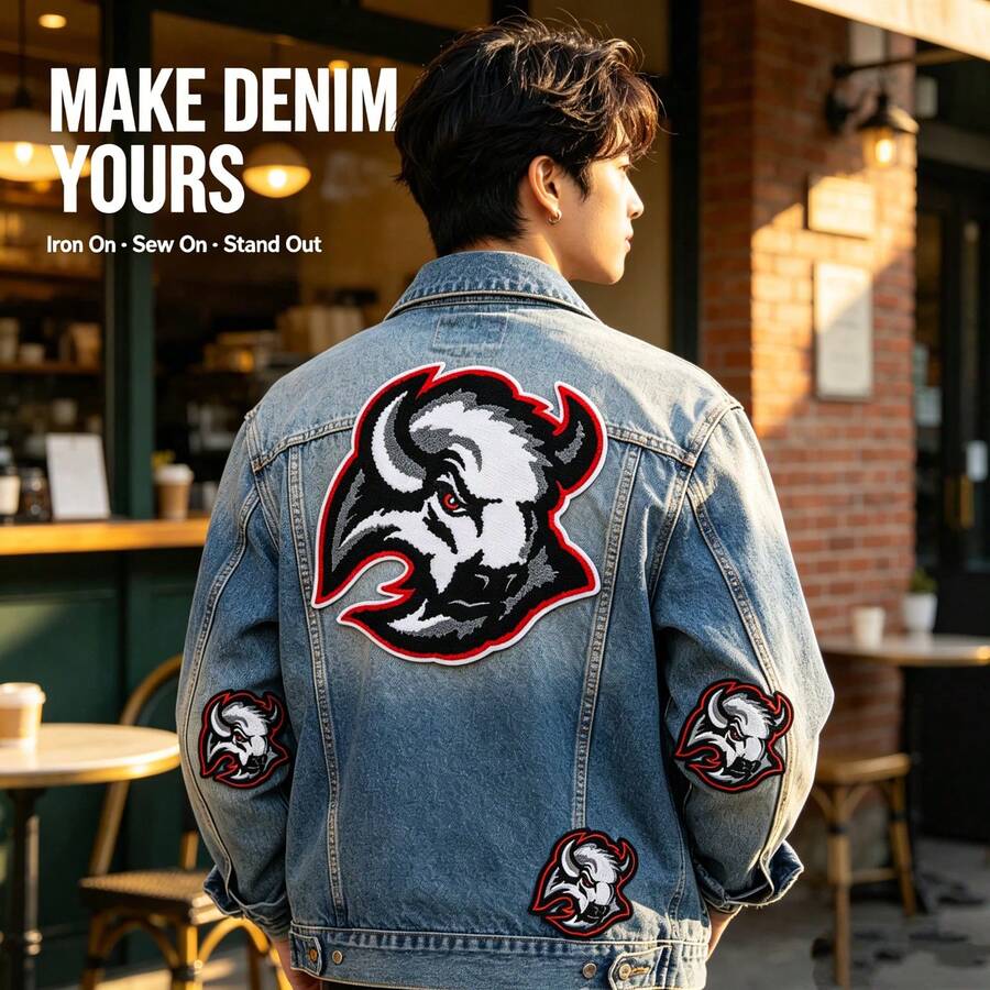 1pc Retro Animal Bison Embroidered Iron-On Patch, American College Style DIY Sewing Applique For Denim Jacket Jeans Backpack Hat Sneakers, Vintage Streetwear Clothing Repair Decorative Accessory - Multicolor - View 1