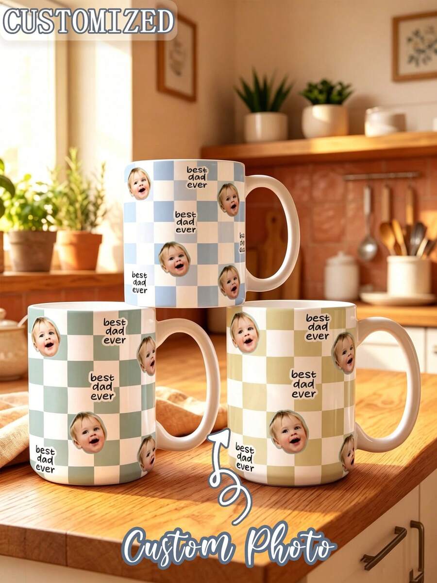 Taza de cerámica personalizada con cara de mascota a cuadros, taza de café con retrato de perro personalizado, impresión de doble cara de 11 onzas, mejor papá de perro, regalo personalizado para el Día del Padre y cumpleaños del dueño de la mascota - multicolor - Ver 1